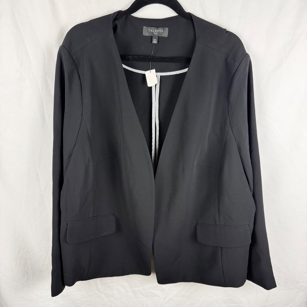 NEW Talbots Plus Black‎ Collarless Open Front Blazer 22W Pockets Career Office